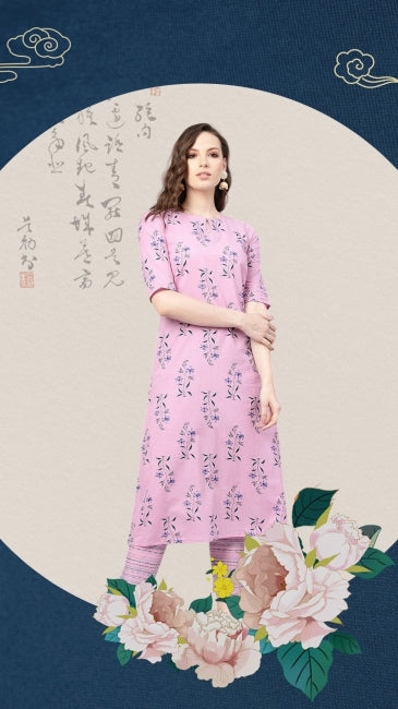 Pink Cotton Floral Print Kurta with Pant