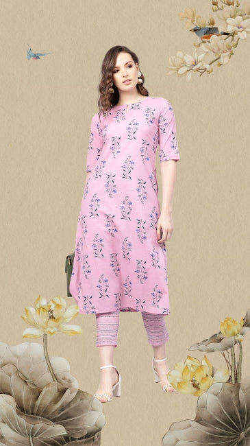 Pink Cotton Floral Print Kurta with Pant