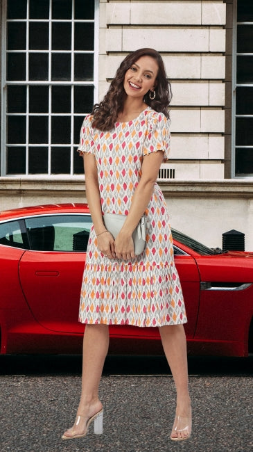 Off White Cotton A-line Western Dress
