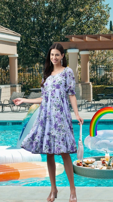 Lavender Georgette Floral Printed Tiered Dress