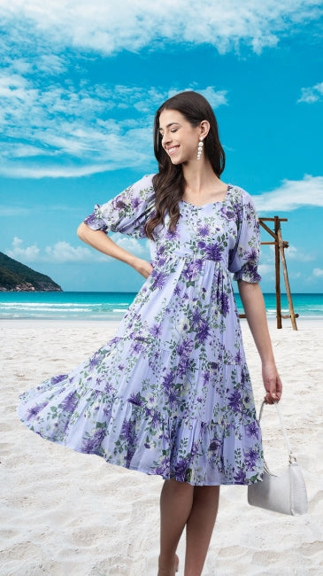 Lavender Georgette Floral Printed Tiered Dress
