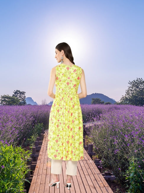 Lemon Moss Digital Floral Printed Gathered Kurta