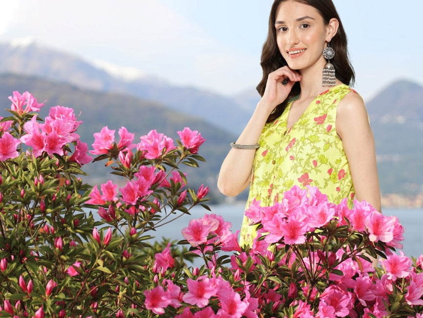 Lemon Moss Digital Floral Printed Gathered Kurta