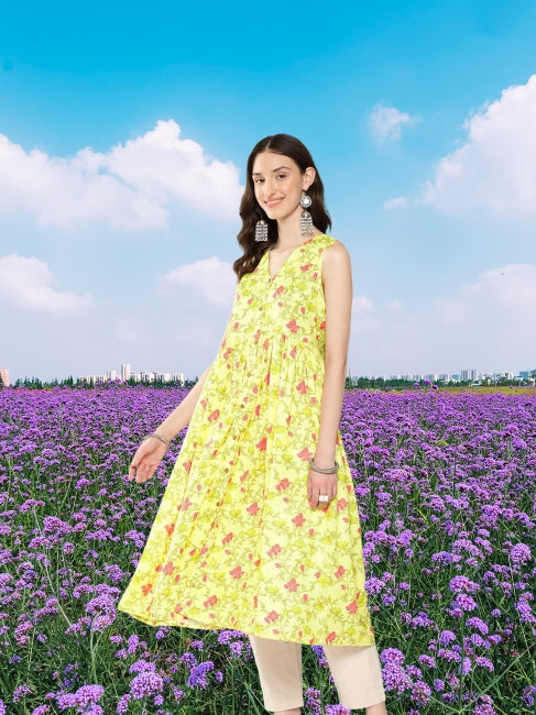 Lemon Moss Digital Floral Printed Gathered Kurta