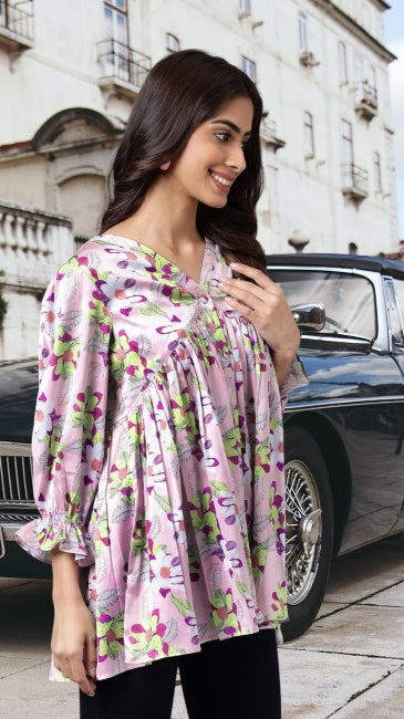 Lavender Satin Digital Floral Printed Flared Top