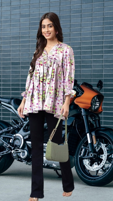 Lavender Satin Digital Floral Printed Flared Top