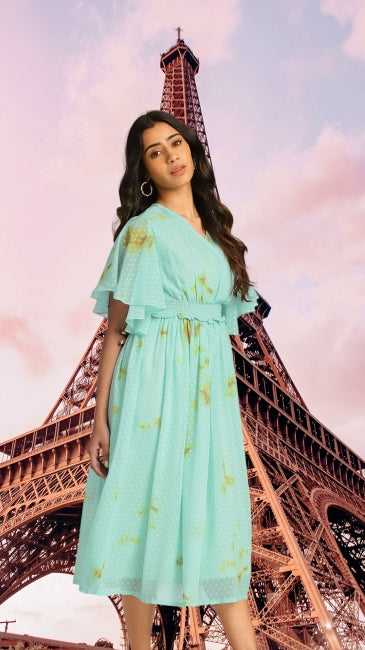Green Dobby Georgette Tie-Dye Fit & Flare Dress