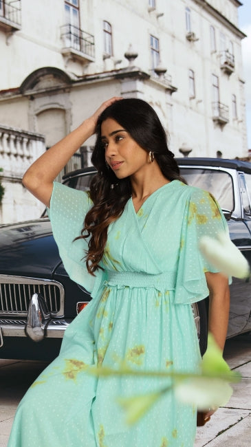 Green Dobby Georgette Tie-Dye Fit & Flare Dress