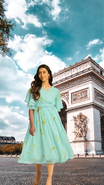Green Dobby Georgette Tie-Dye Fit & Flare Dress
