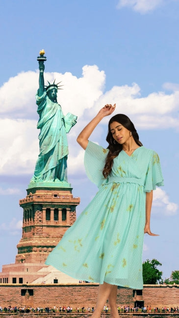 Green Dobby Georgette Tie-Dye Fit & Flare Dress