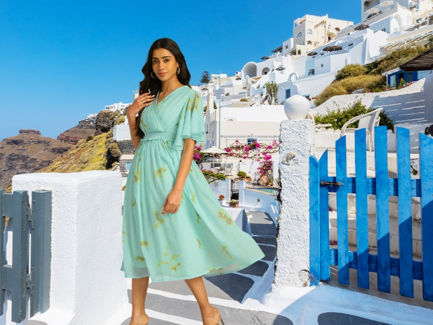 Green Dobby Georgette Tie-Dye Fit & Flare Dress