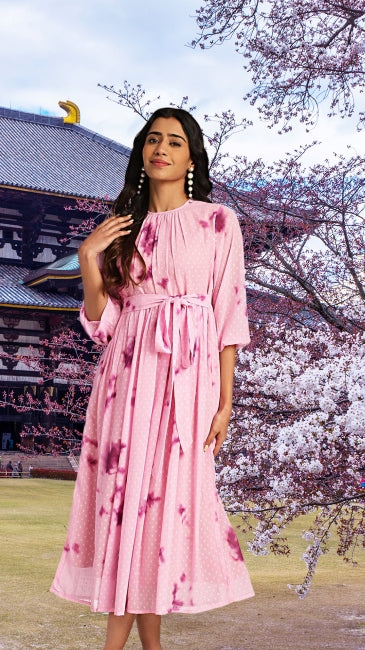 Pink Dobby Georgette Tie-Dye Fit & Flare Dress