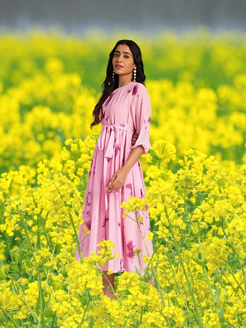 Pink Dobby Georgette Tie-Dye Fit & Flare Dress