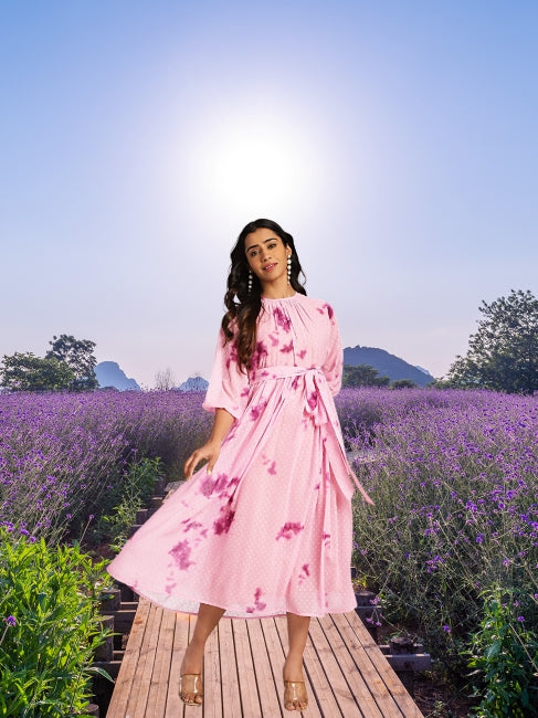 Pink Dobby Georgette Tie-Dye Fit & Flare Dress