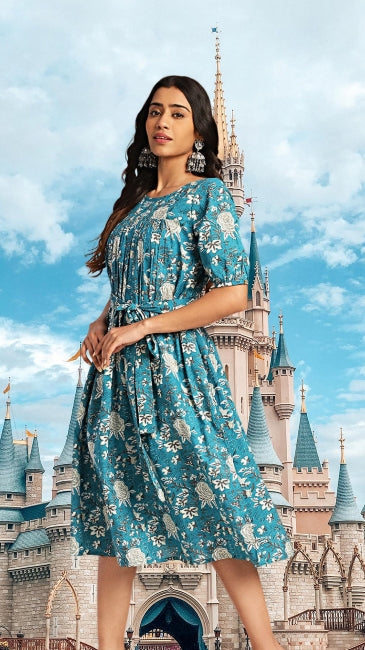 Teal Cotton Floral Empire Dress