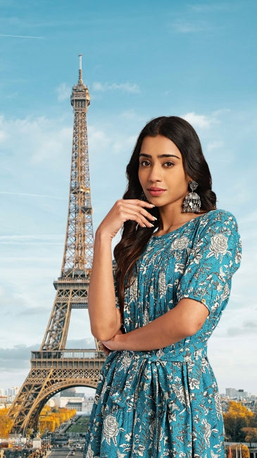 Teal Cotton Floral Empire Dress