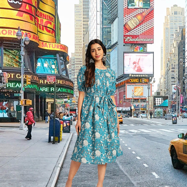 Teal Cotton Floral Empire Dress