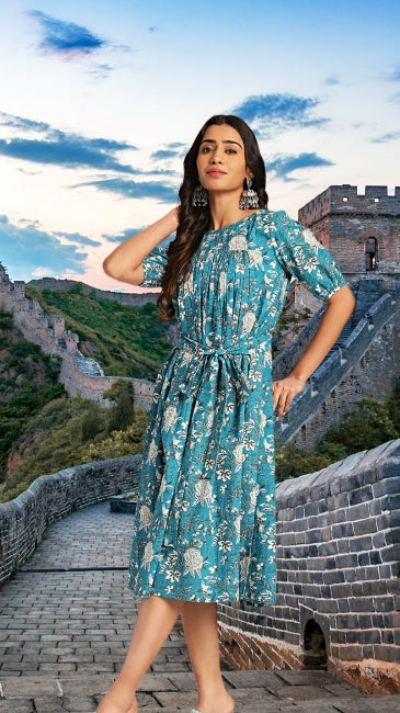 Teal Cotton Floral Empire Dress