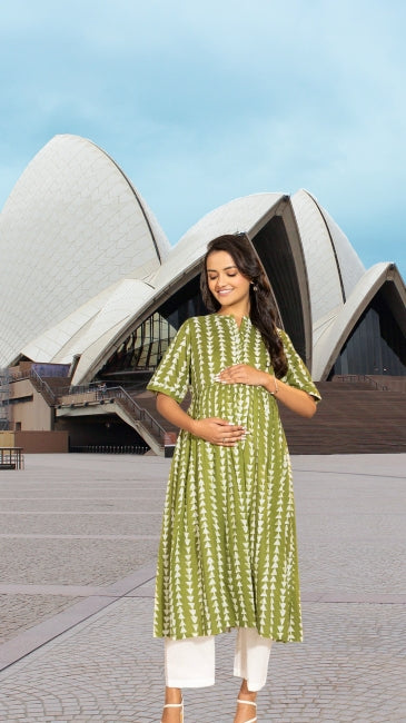 Green Cotton Block Printed Gathered Maternity Kurta