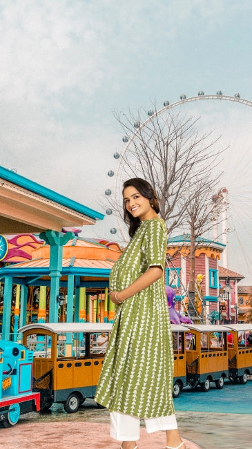 Green Cotton Block Printed Gathered Maternity Kurta