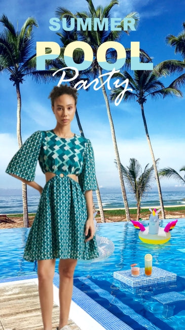 Teal Georgette Geometric Print Side Cut-Out Dress for Women – Flared Mini Dress, Sizes S to XL