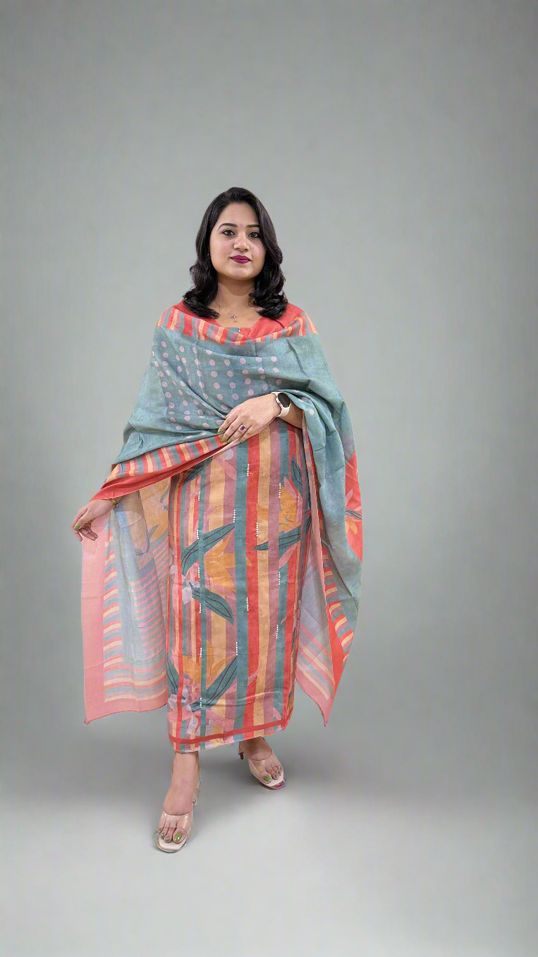 STRIPED BEAUTY Pashmina Twill with Digital Print and Handwork