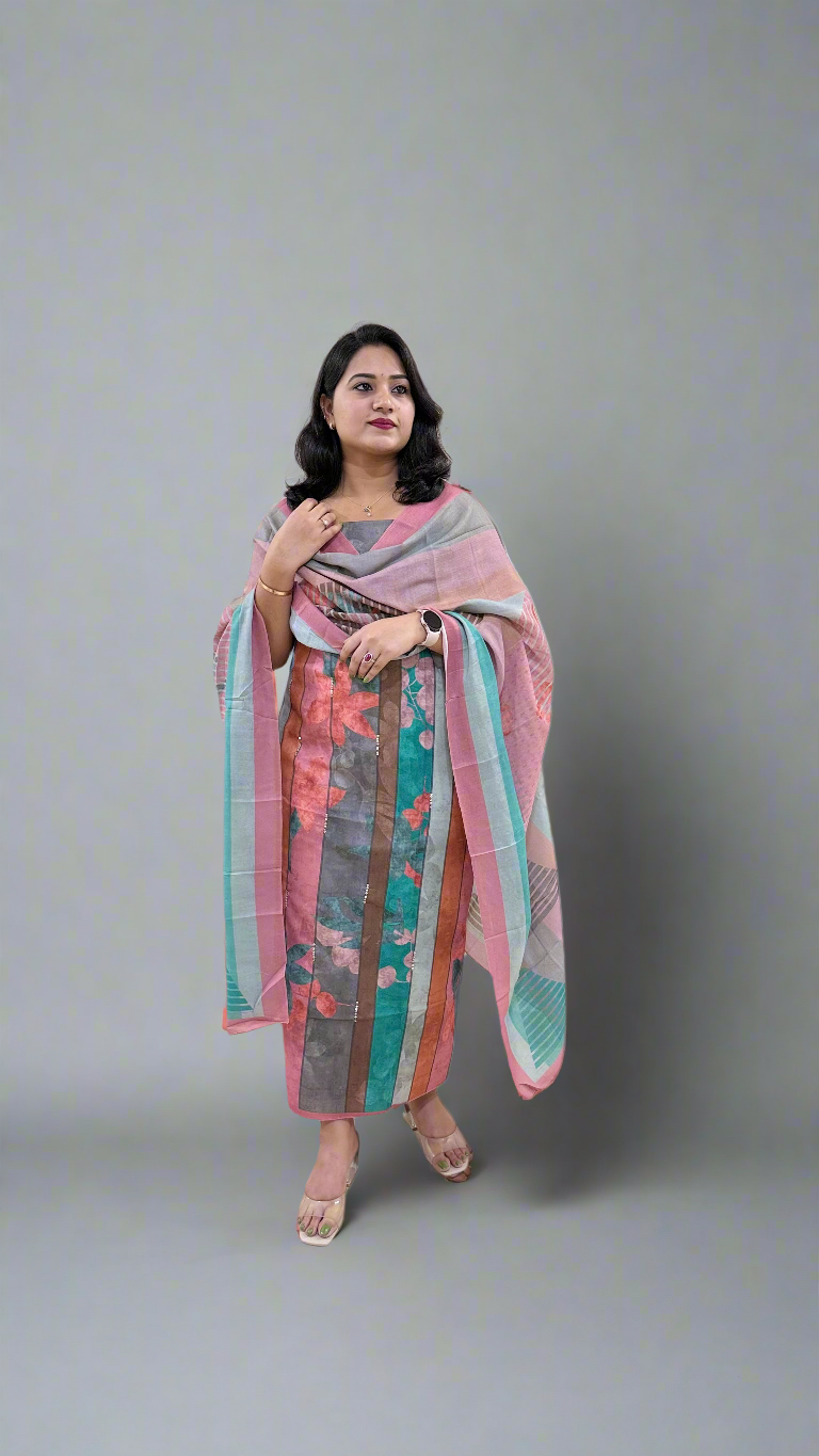 STRIPED BEAUTY Pashmina Twill with Digital Print and Handwork