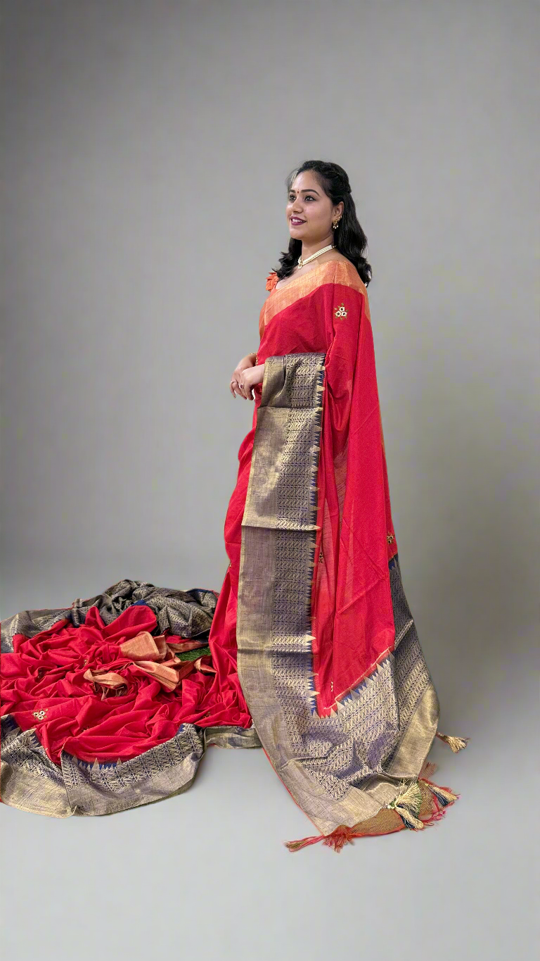 Cotton Dola Silk Saree with Weaving, Print or Embroidery Work and Tassel Detailing – For Women