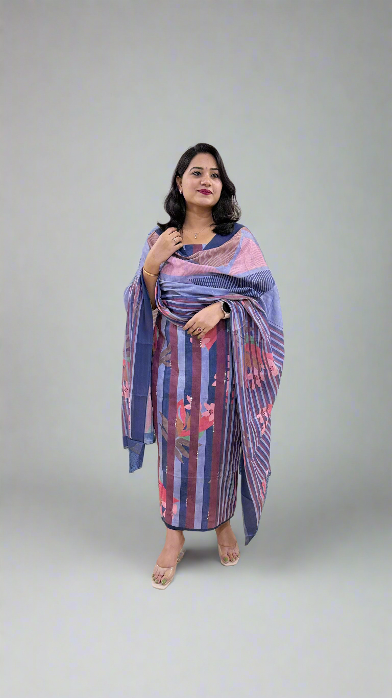 STRIPED BEAUTY Pashmina Twill with Digital Print and Handwork