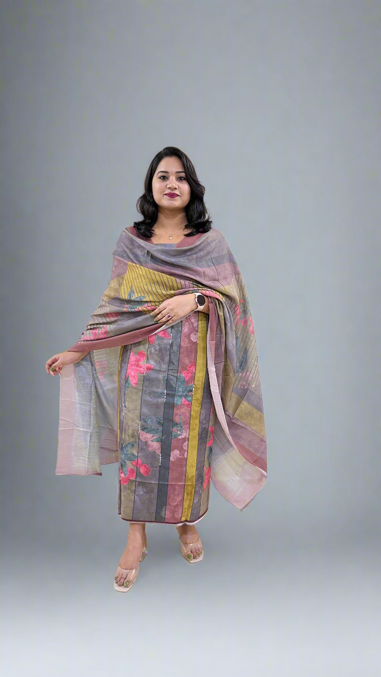 STRIPED BEAUTY Pashmina Twill with Digital Print and Handwork