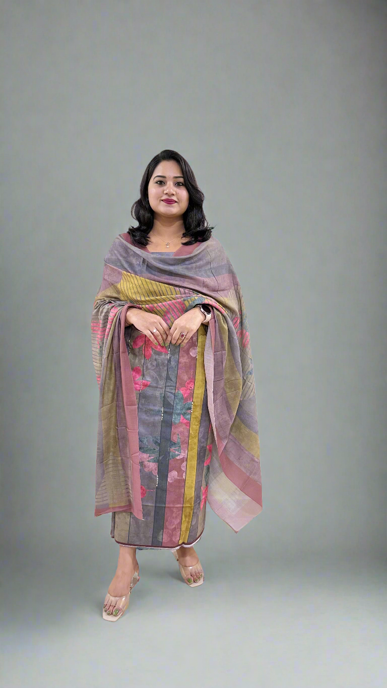 STRIPED BEAUTY Pashmina Twill with Digital Print and Handwork