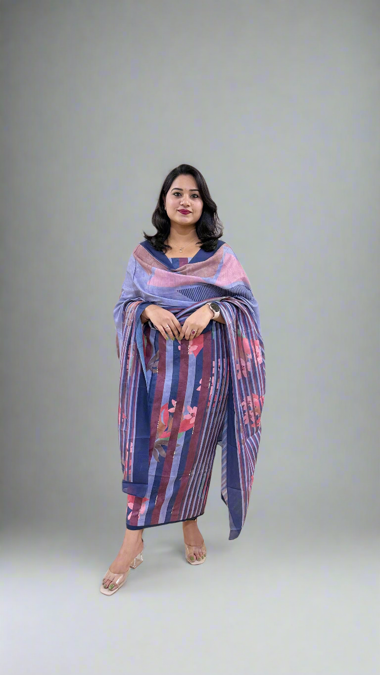 STRIPED BEAUTY Pashmina Twill with Digital Print and Handwork