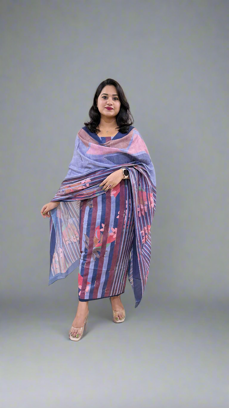 STRIPED BEAUTY Pashmina Twill with Digital Print and Handwork