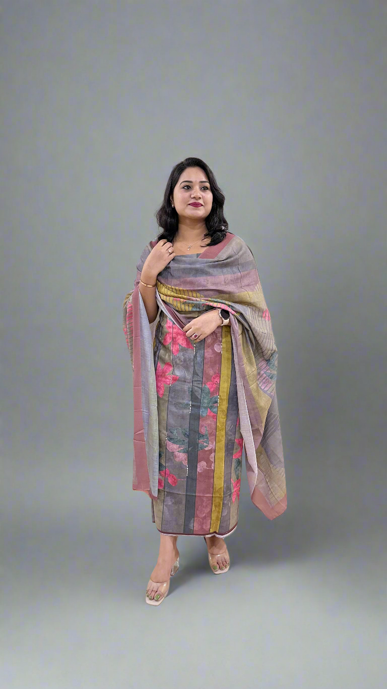 STRIPED BEAUTY Pashmina Twill with Digital Print and Handwork