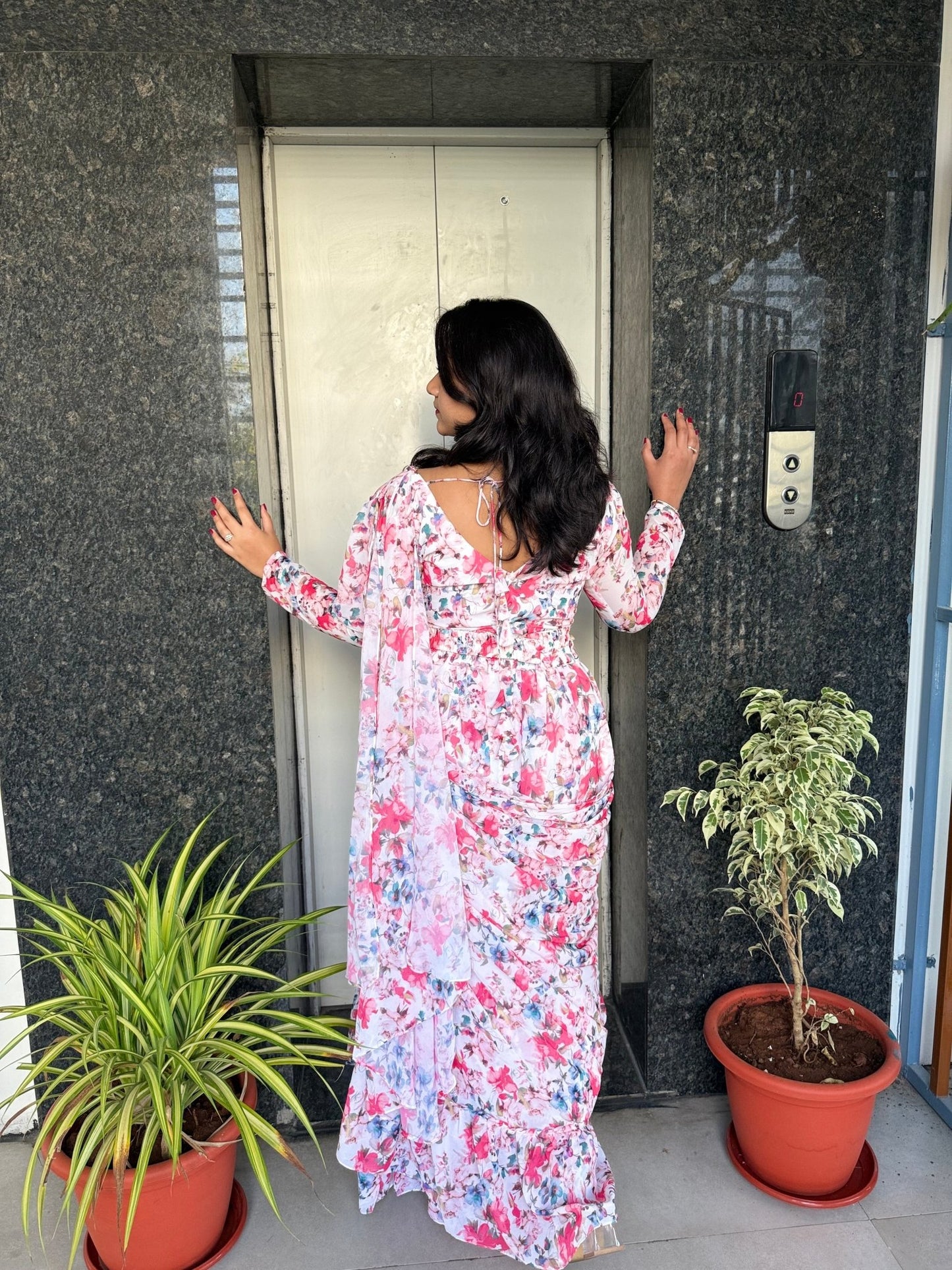 Glamorous Floral Ready - to - Wear Ruffle Saree - Mani's Fashions