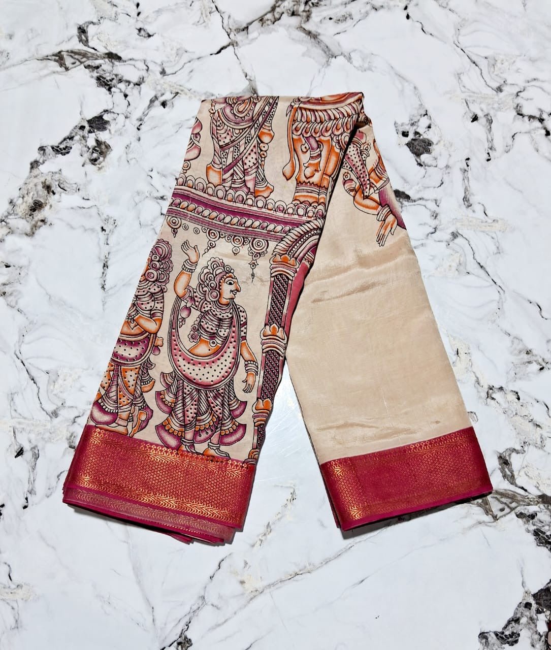 New arrival Exquisite Handloom Nellore Silk Saree with Kalamkari Print & Nizam Border - Mani's Fashions