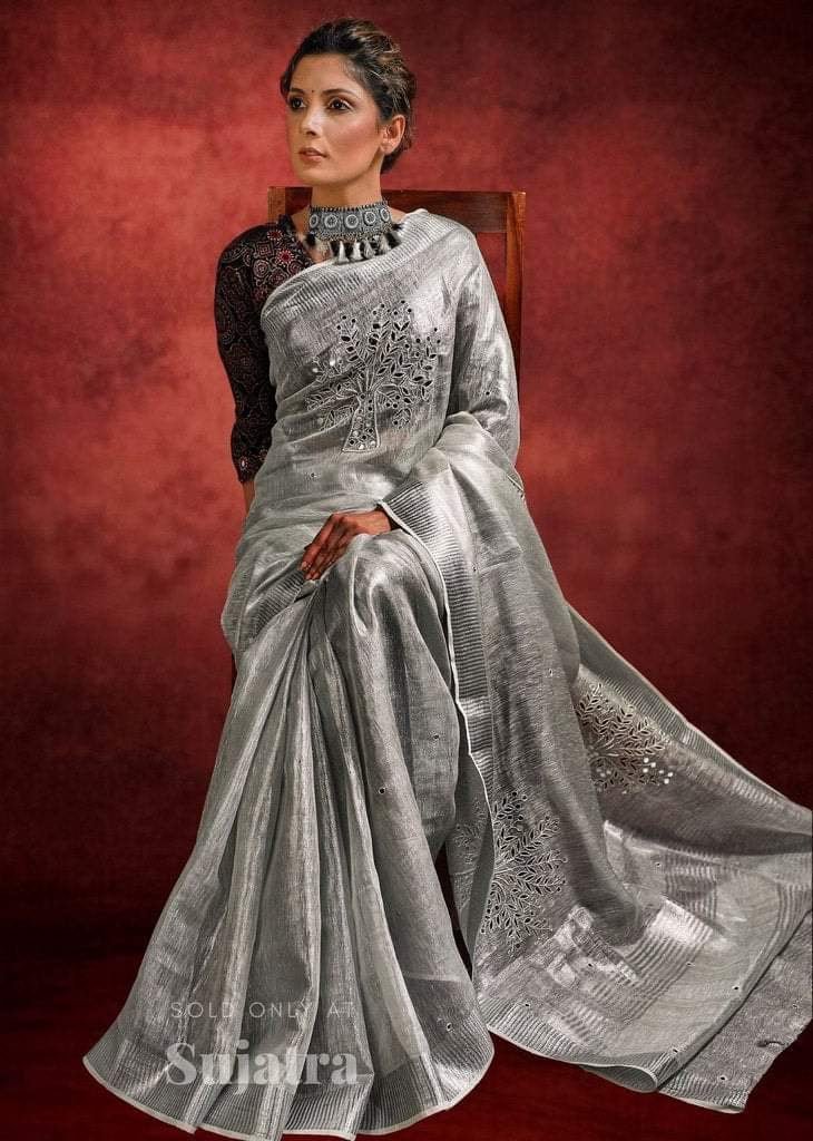 Pure Tissue Linen Hand Work Saree with Blouse - Mani's Fashions