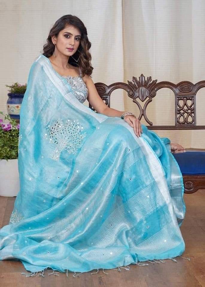 Pure Tissue Linen Hand Work Saree with Blouse - Mani's Fashions