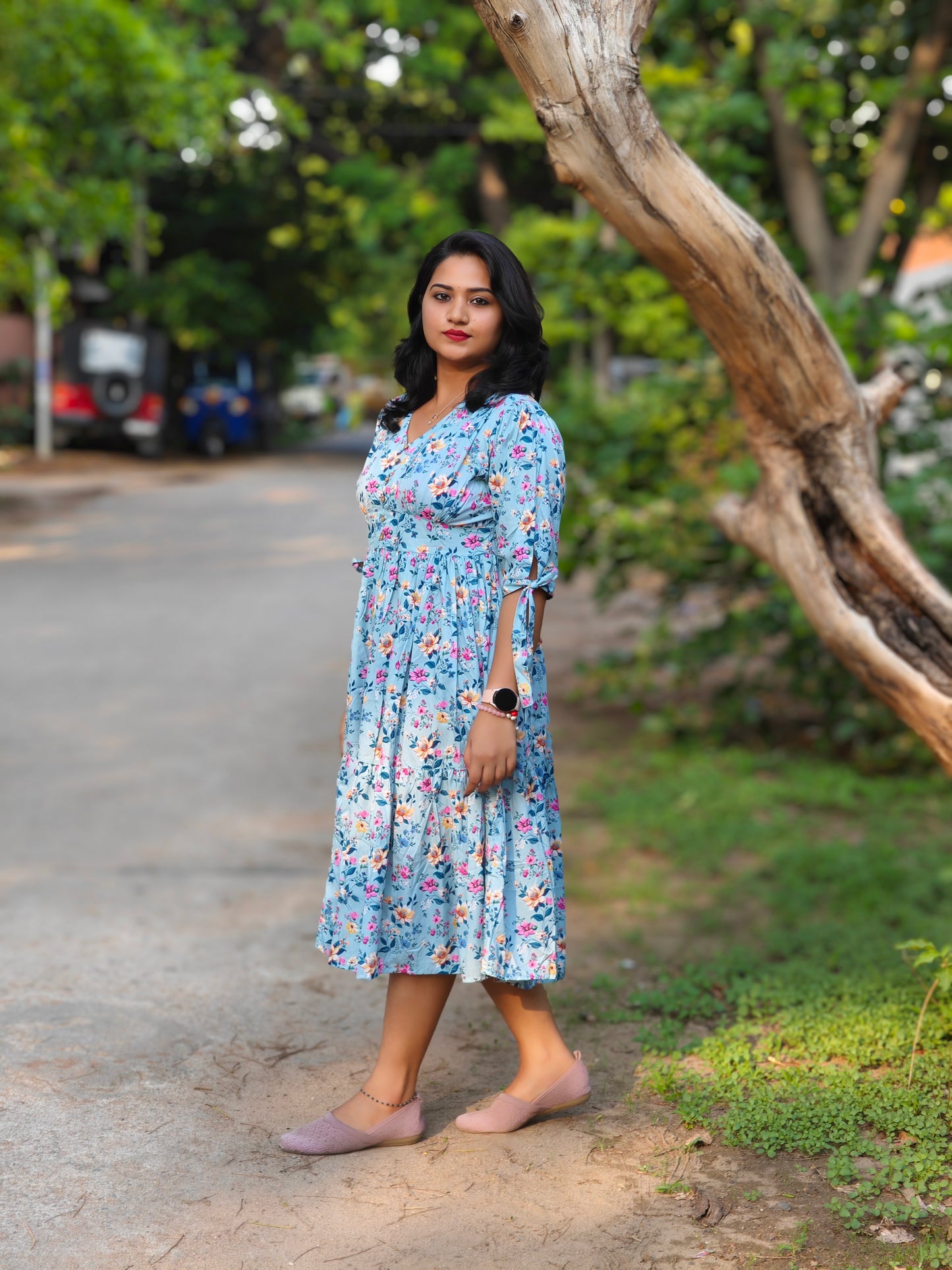 Blue Crepe Digital Print Flared Western Dress 4072