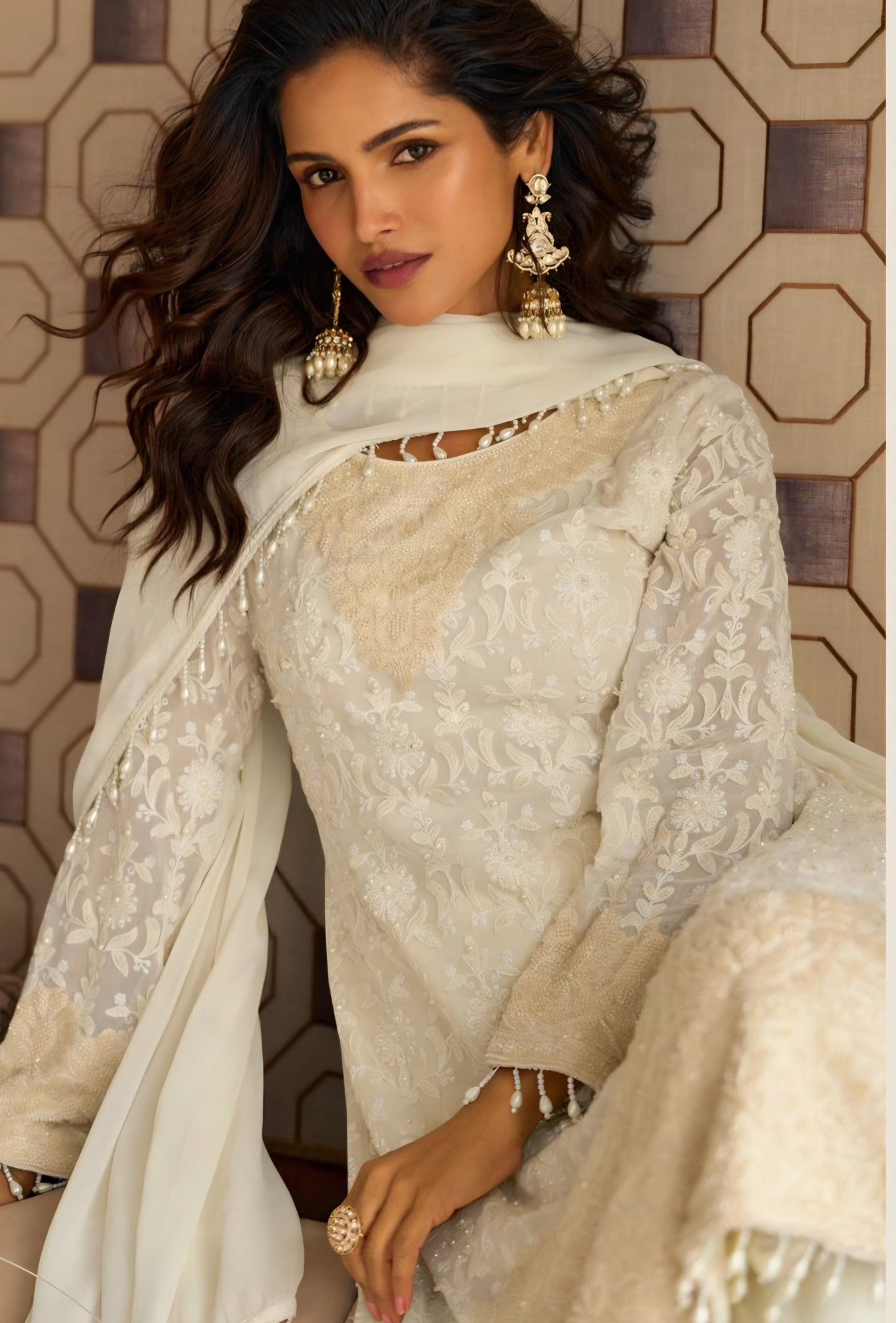 Women’s premium georgette embroidered stitched suit set with beads work and palazzo