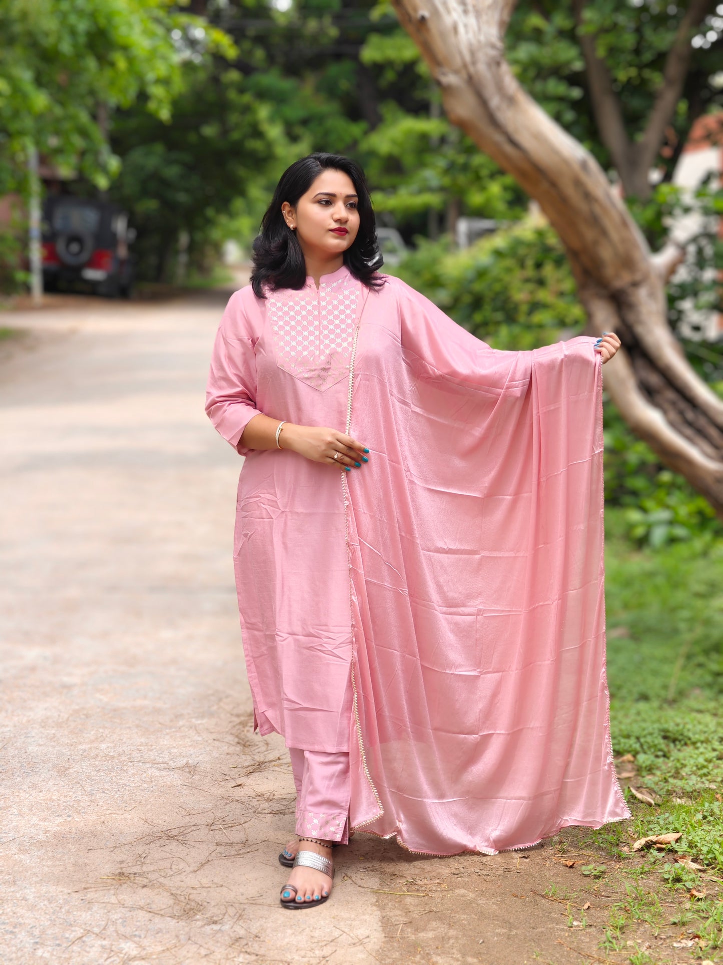PINK POLY SILK FLORAL 3PC SET JAC319S