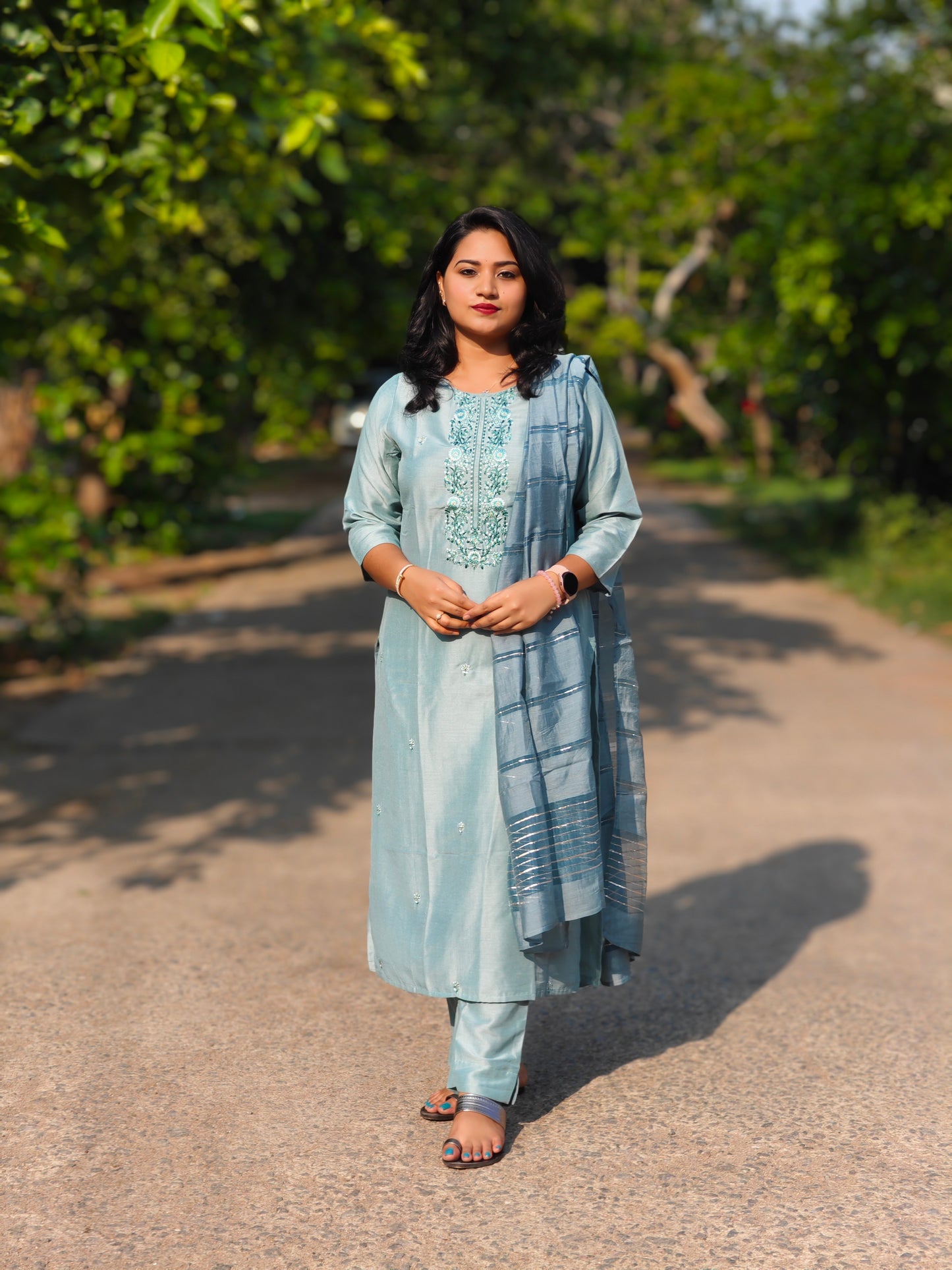 Turquoise Poly Silk Thread Work Kurta With Pant 511