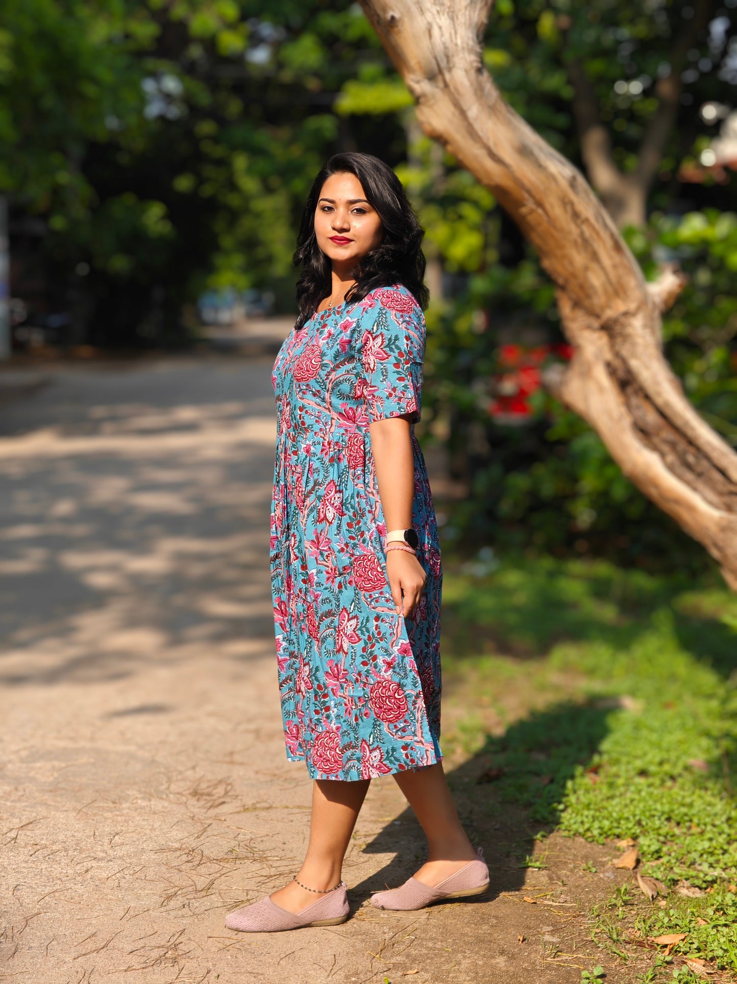 Cotton Floral Print Flared Western Dress 3938