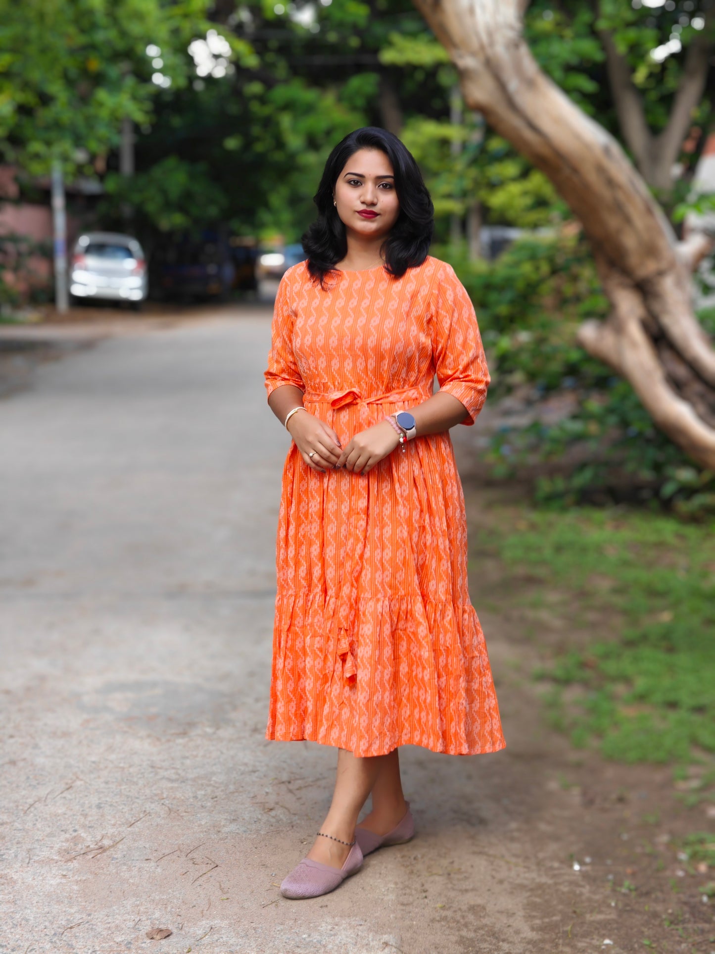 Orange Cotton Woven Design Tiered Western Dress 3870