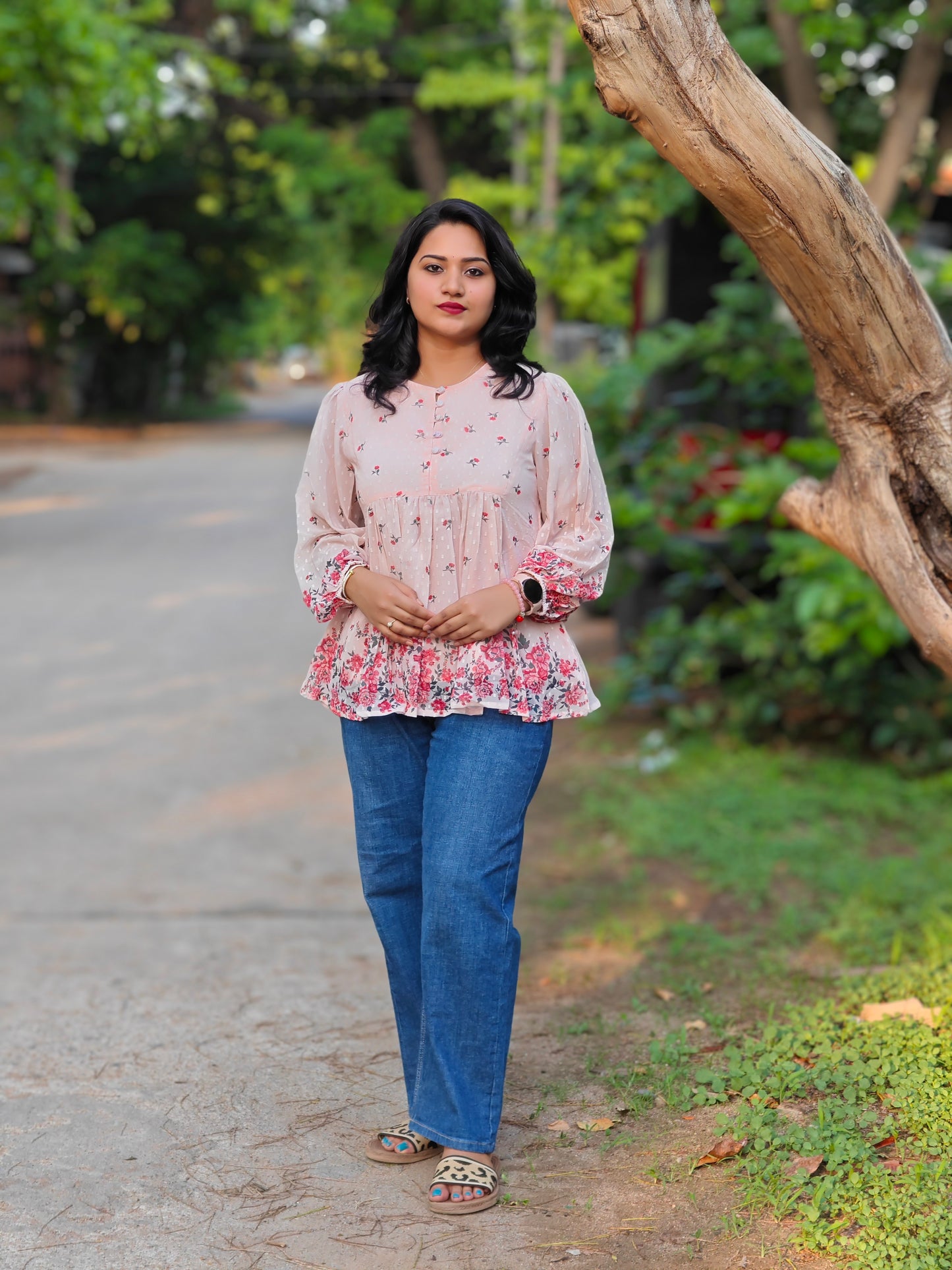 Peach Georgette Floral Print Flared Top 4047