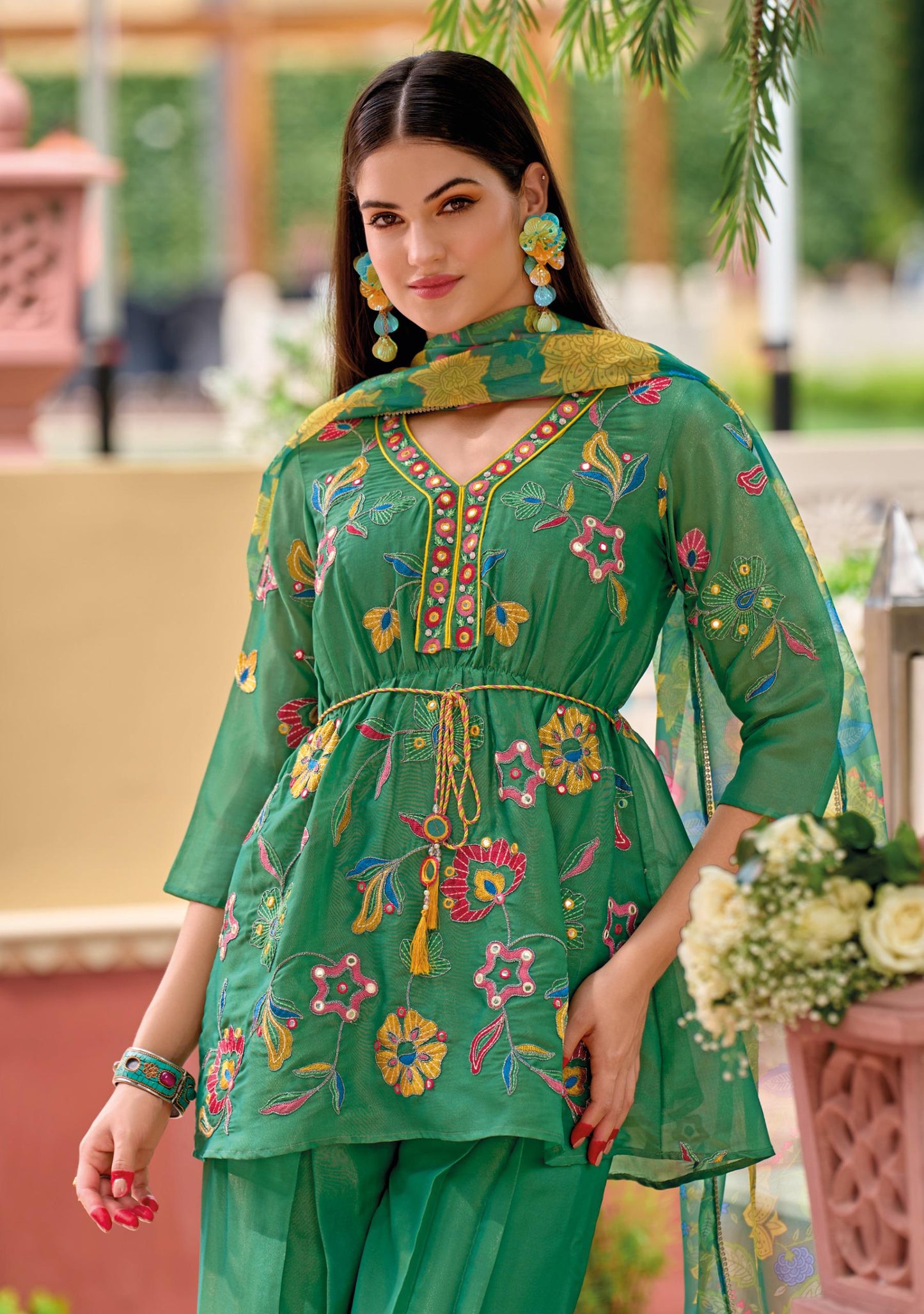 Viscose Shimmer Zari Silk Kurta Plazo Dupatta Set with Handwork and Digital Print Dupatta – Sizes XL to 3XL