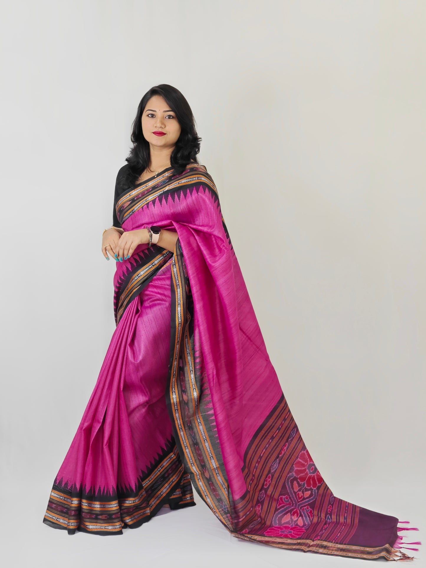 CLEARANCE SALE Elegance Embroidered Handloom Tussar Silk Saree with Ikkat and Vidarbha Temple Border