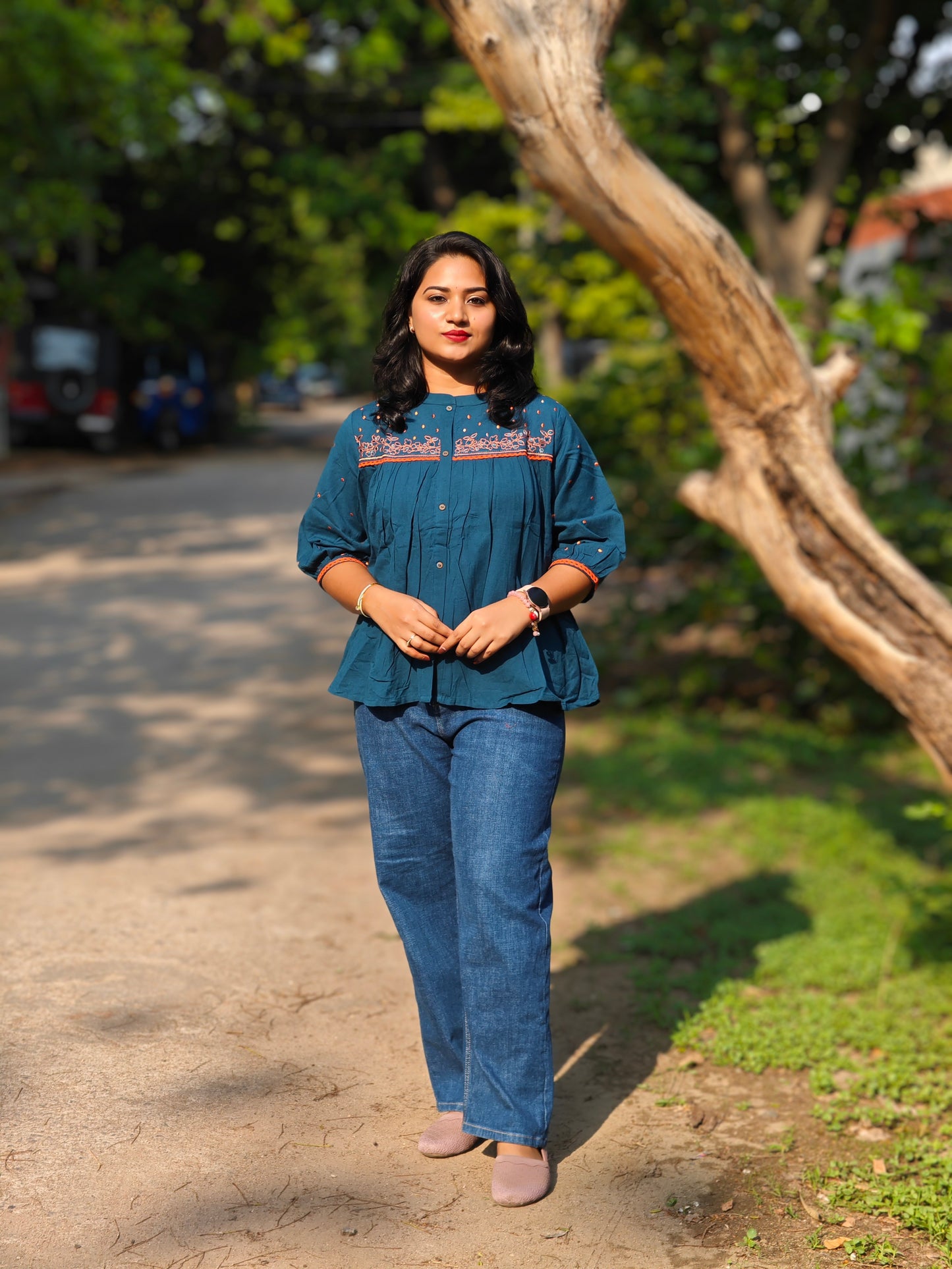 Teal Cotton Flex Embroidered Regular Top J0201