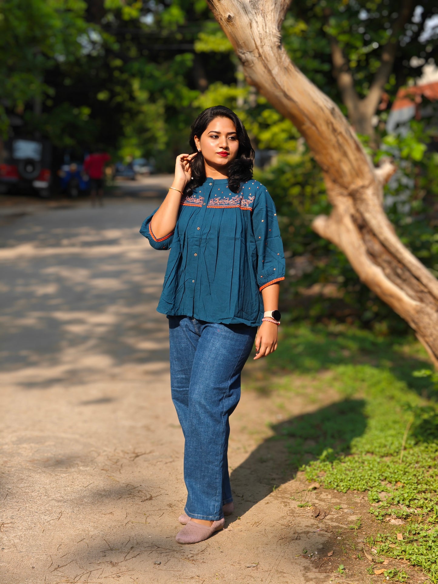Teal Cotton Flex Embroidered Regular Top J0201