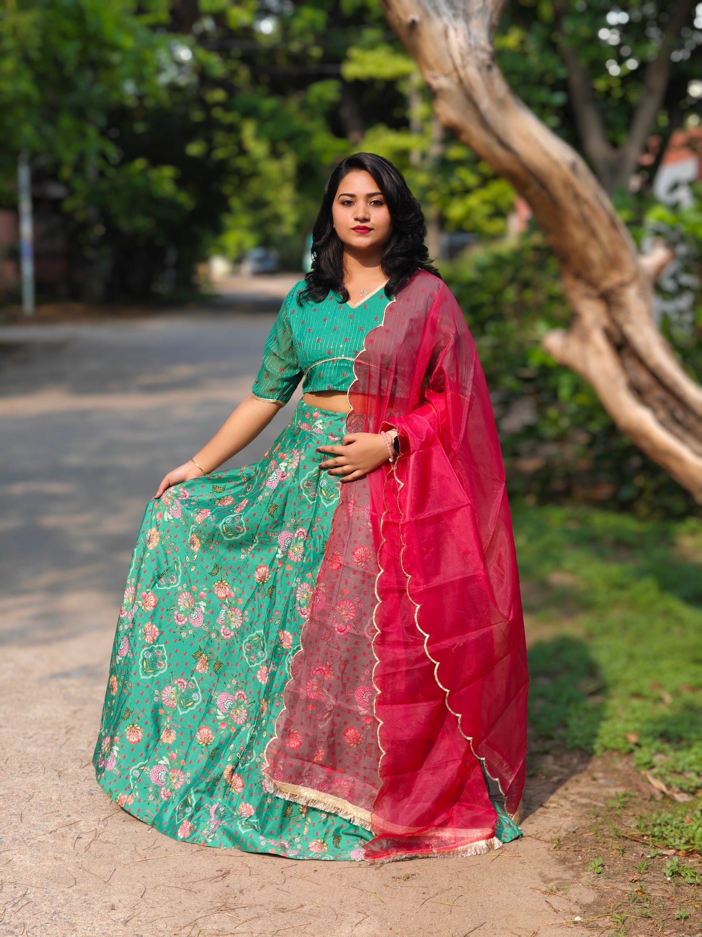Green Crepe Silk Floral Lehenga Choli With Dupatta 814